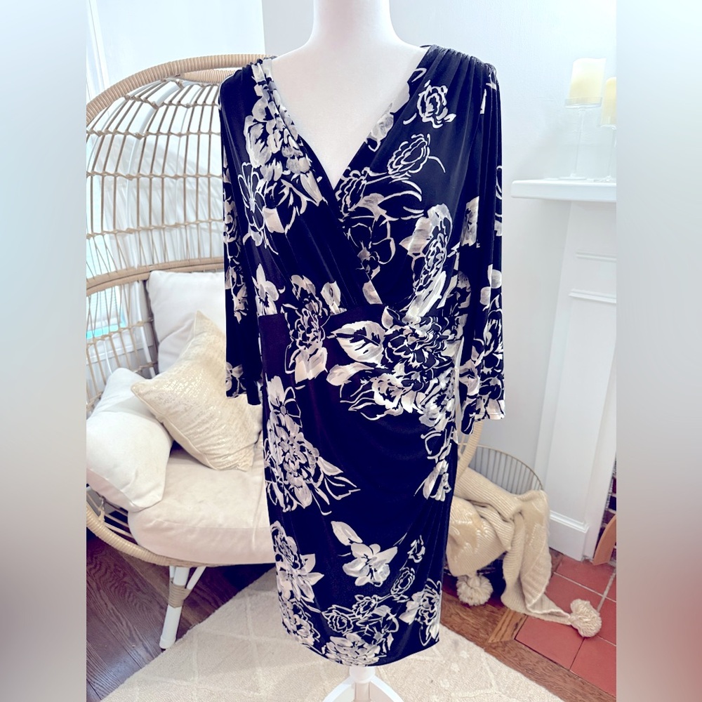 Lauren Ralph‎ Lauren Black White Floral Surplice Dress 16W